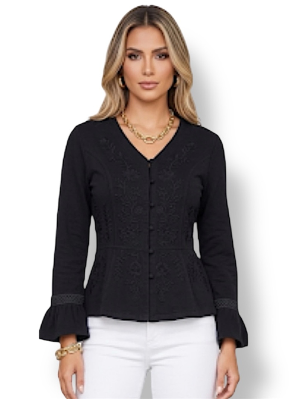 Scully Black Embroidered Long Sleeve Hidden Button  Down Cotton Knit Pane Size S